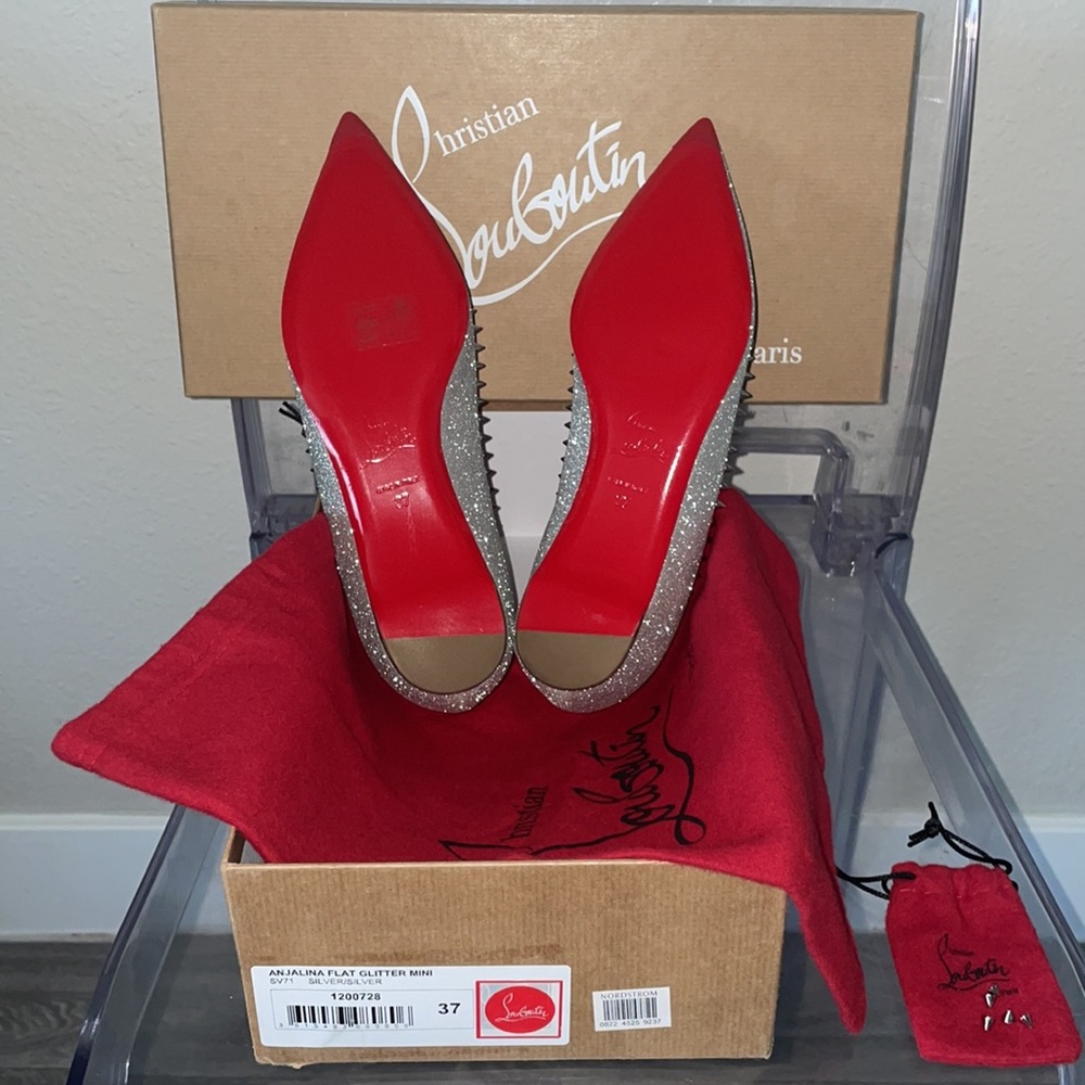 Christian Louboutin new 37,ANJALINA FLAT GLITTER MINI SV71 SILVER,serial#1200727 - Picture 5 of 14